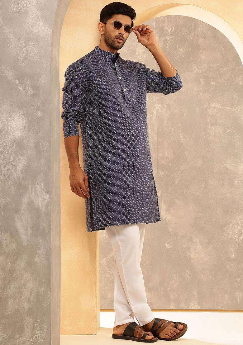 Blue Striped Silk Kurta Set For Men - Indya