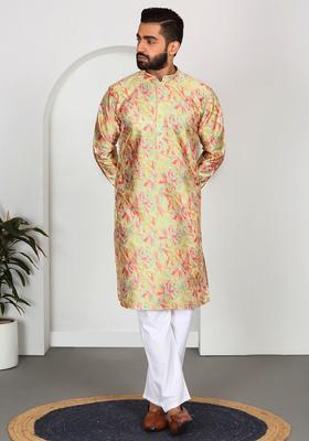 Yellow Printed Silk Kurta Set For Men