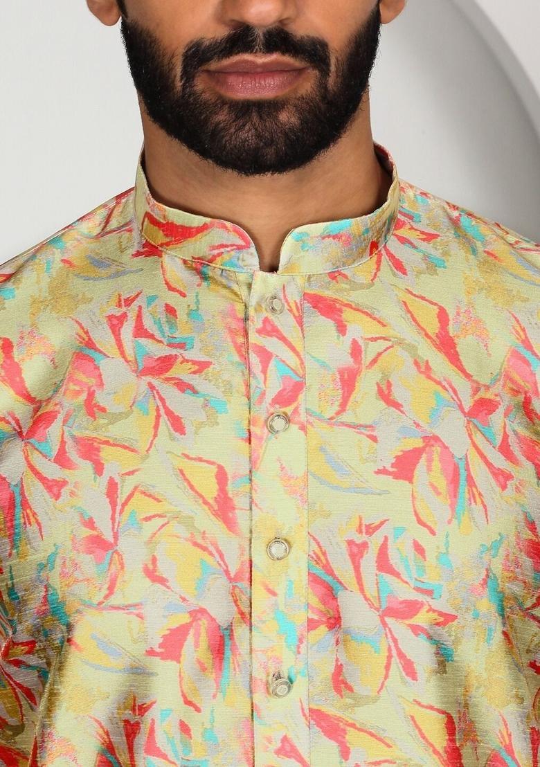 Yellow Printed Silk Kurta Set For Men - Indya