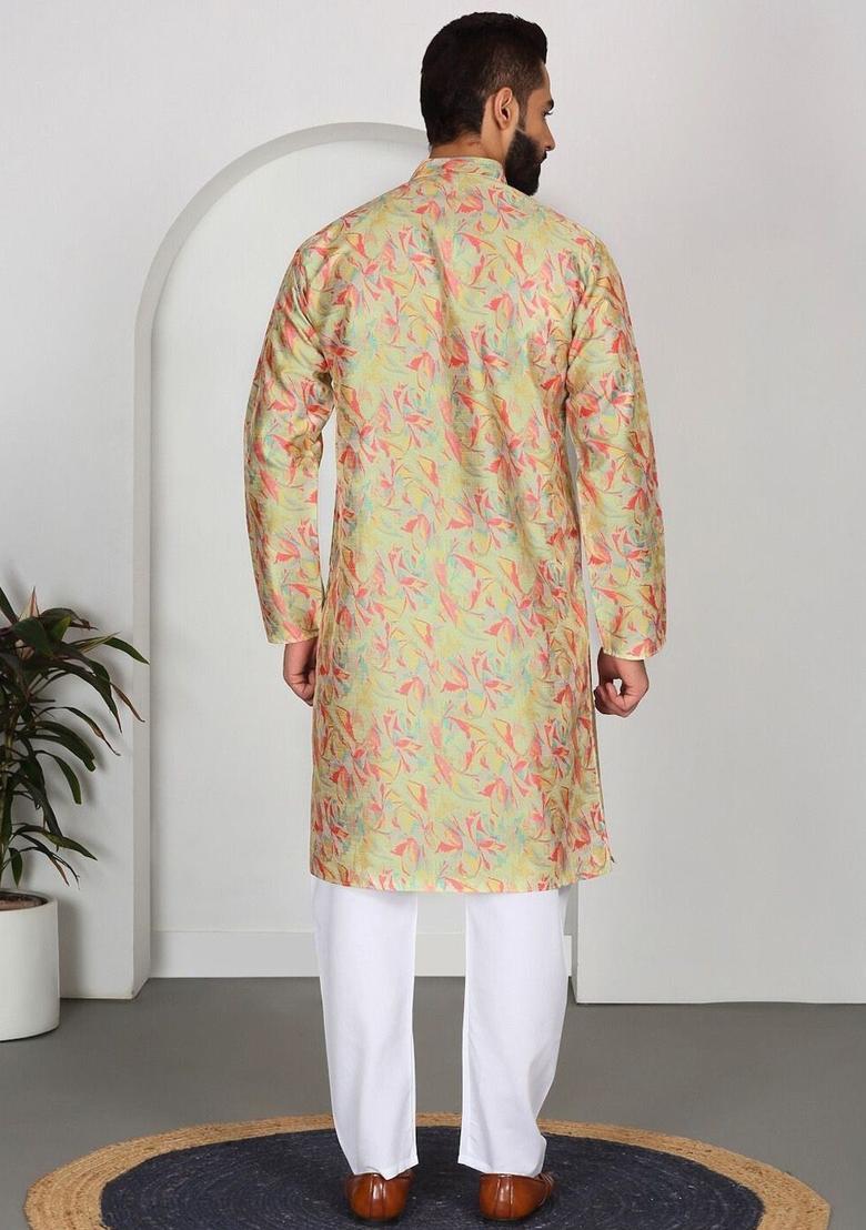 Yellow Printed Silk Kurta Set For Men - Indya
