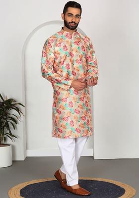 Yellow Printed Silk Kurta Set For Men