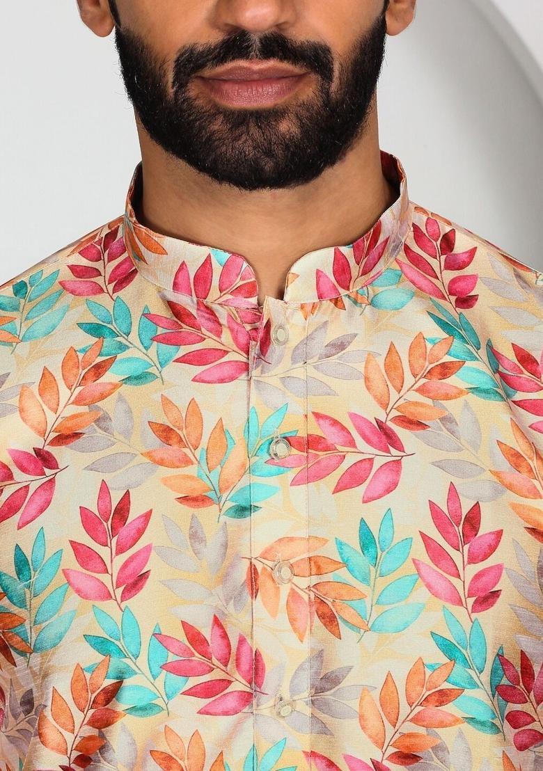 Yellow Printed Silk Kurta Set For Men - Indya