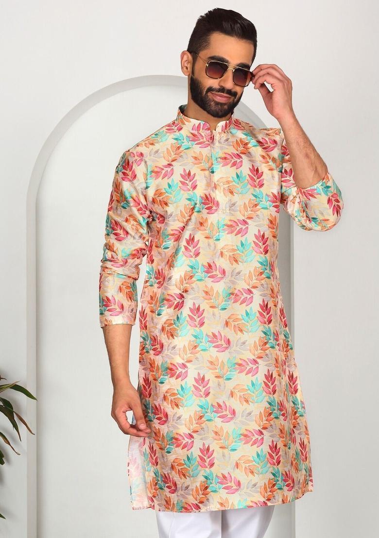 Yellow Printed Silk Kurta Set For Men - Indya