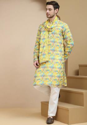 Yellow Printed Silk Kurta Set For Men