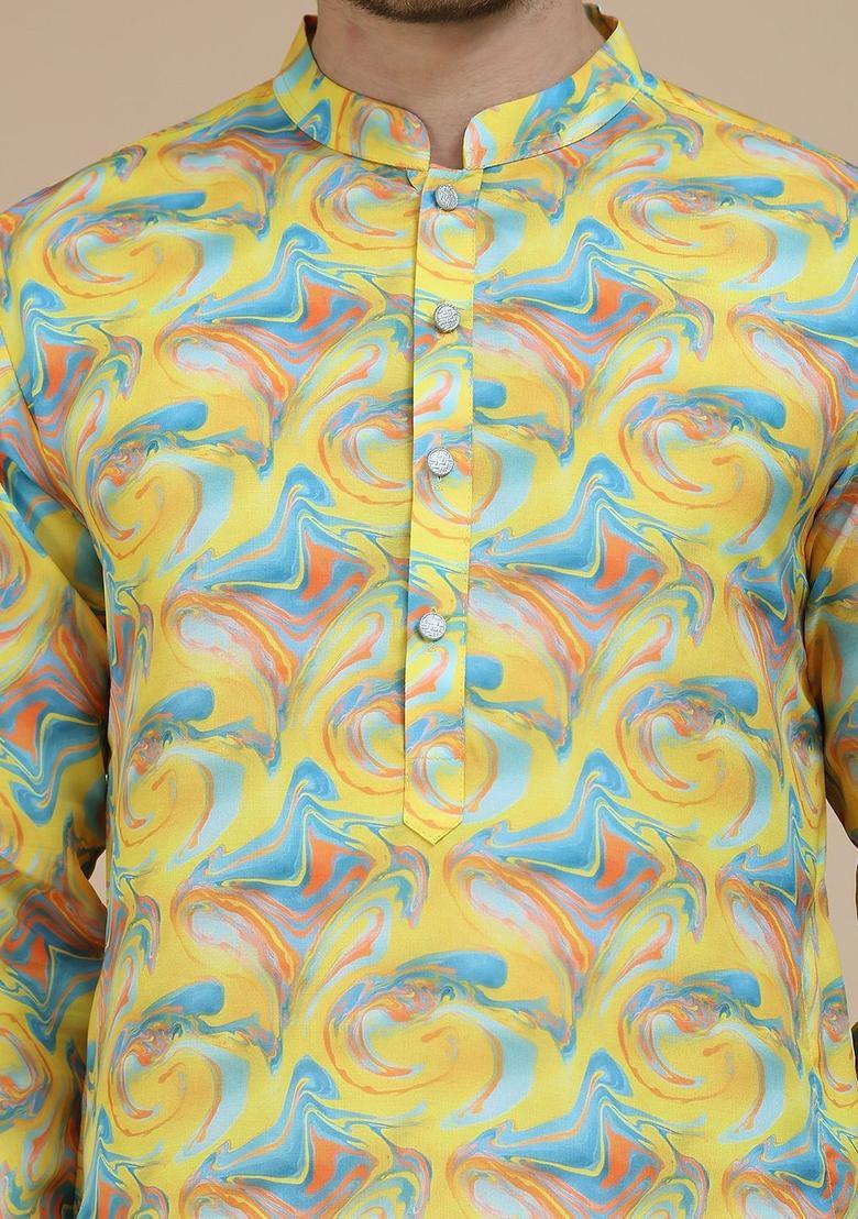 Yellow Printed Silk Kurta Set For Men - Indya