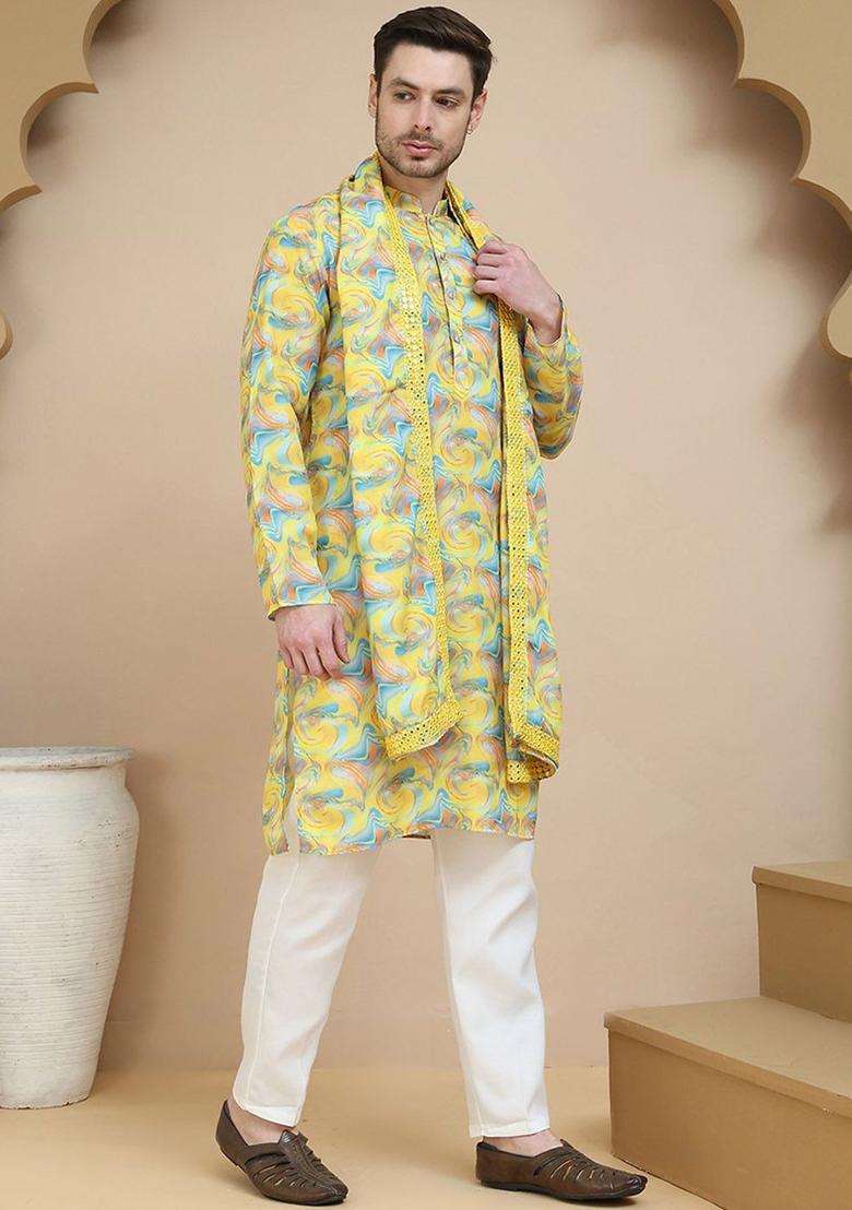 Yellow Printed Silk Kurta Set For Men - Indya