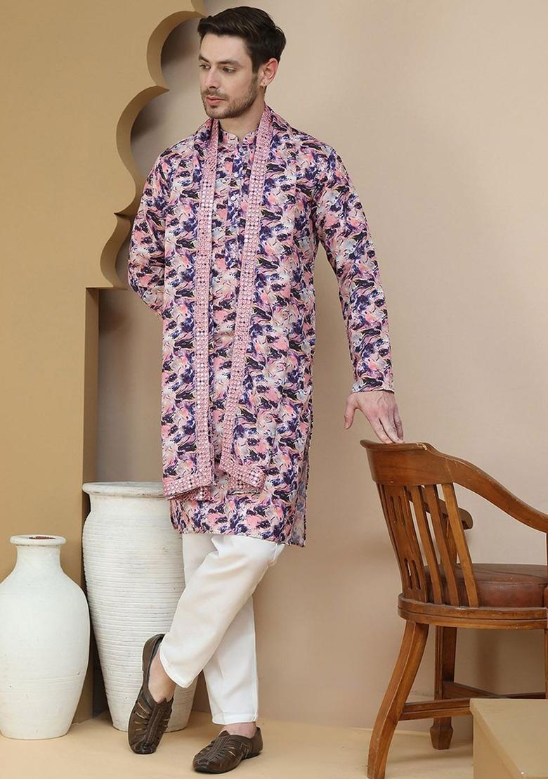 Purple Printed Silk Kurta Set For Men - Indya
