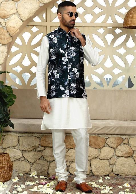 Beige Solid Silk Kurta Set For Men