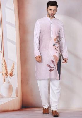 Purple Printed Cotton Kurta Set For Men