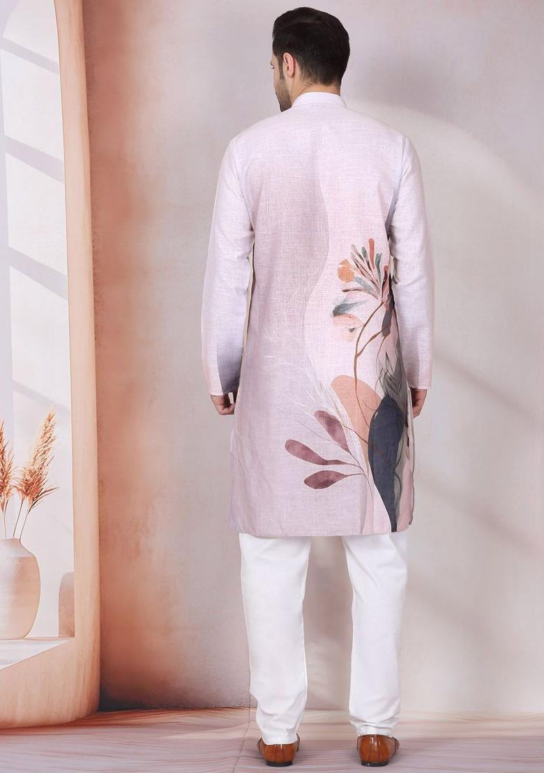 Purple Printed Cotton Kurta Set For Men - Indya
