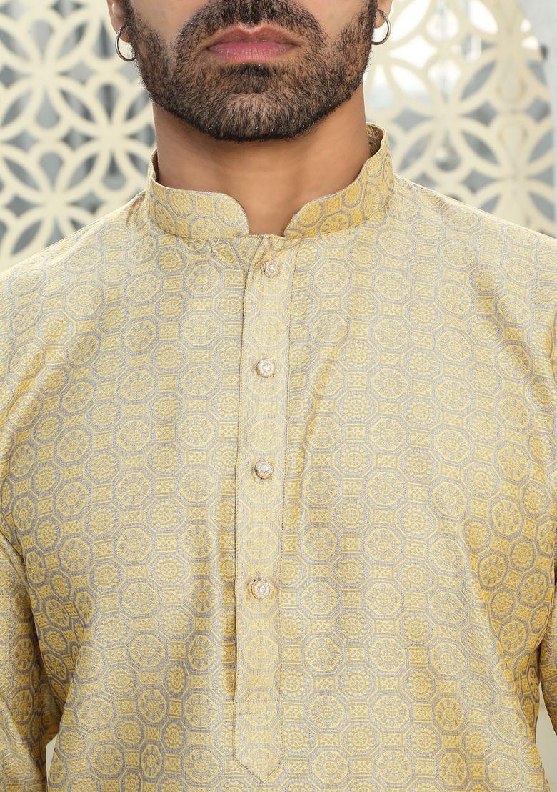 Beige Woven Design Silk Kurta Set For Men - Indya