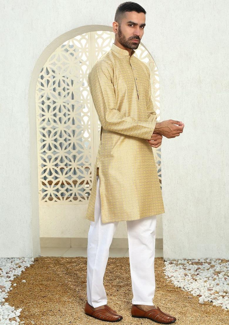 Beige Woven Design Silk Kurta Set For Men - Indya