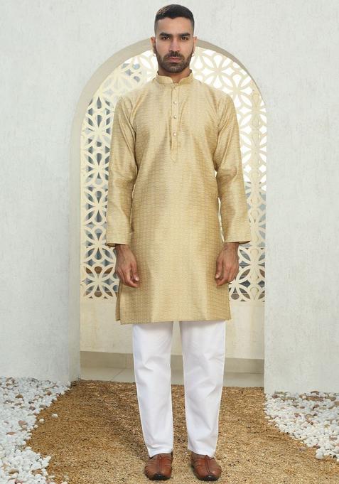 Beige Woven Design Silk Kurta Set For Men