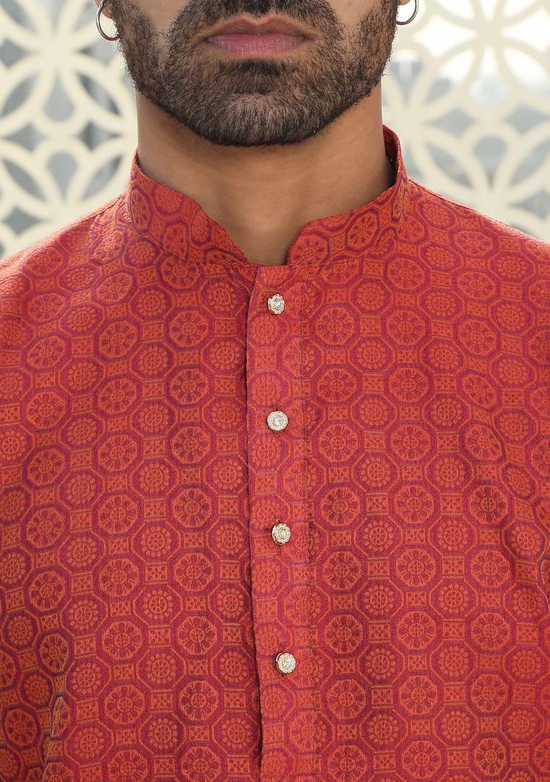 Maroon Woven Design Silk Kurta Set For Men - Indya
