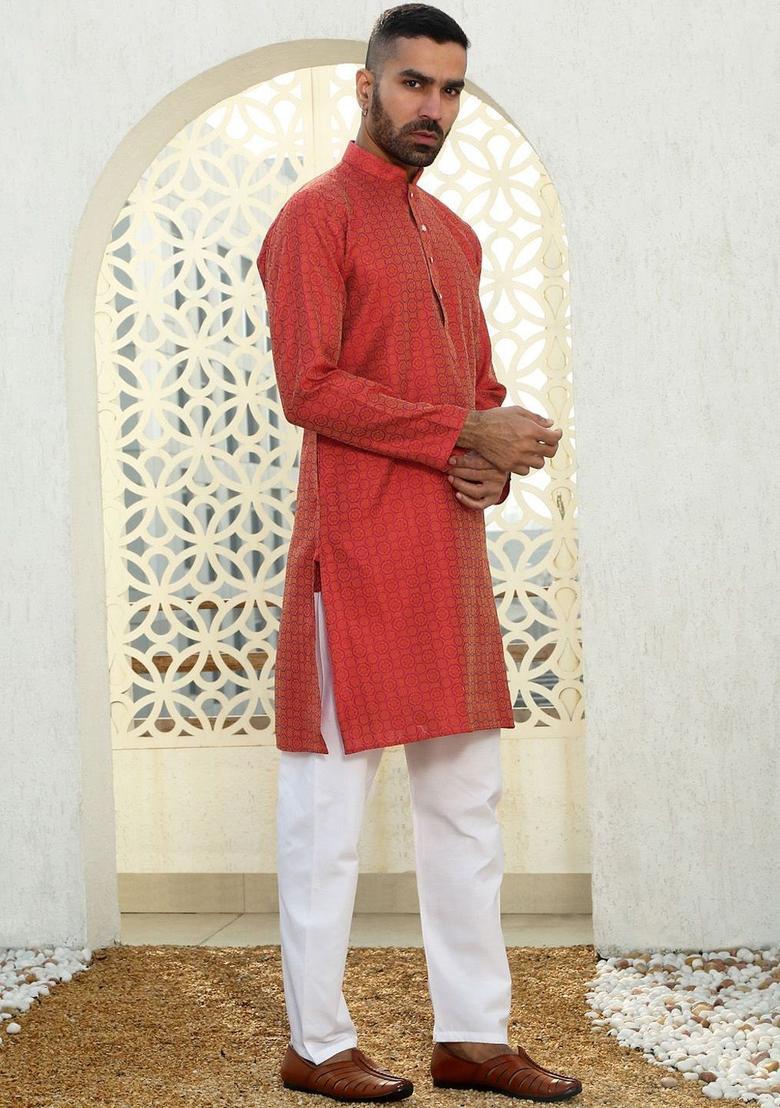 Maroon Woven Design Silk Kurta Set For Men - Indya