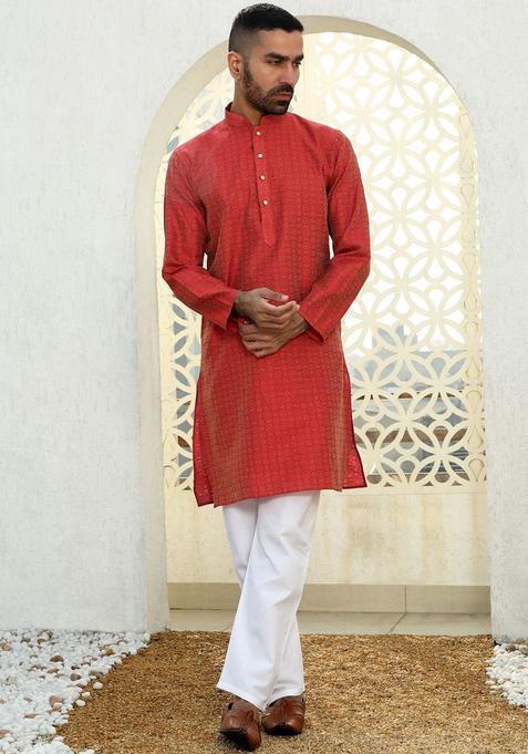 Maroon Woven Design Silk Kurta Set For Men