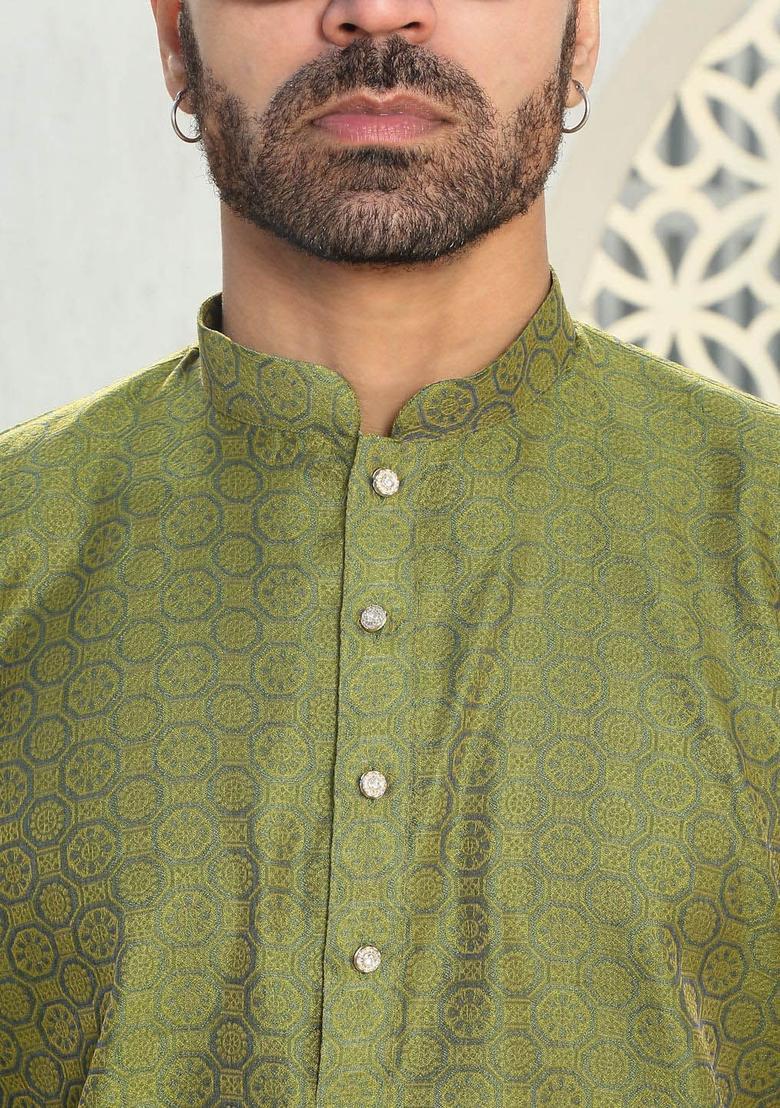Green Woven Design Silk Kurta Set For Men - Indya