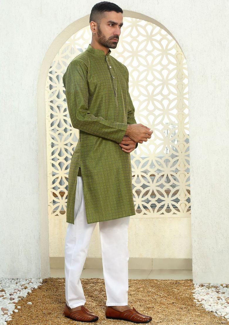 Green Woven Design Silk Kurta Set For Men - Indya