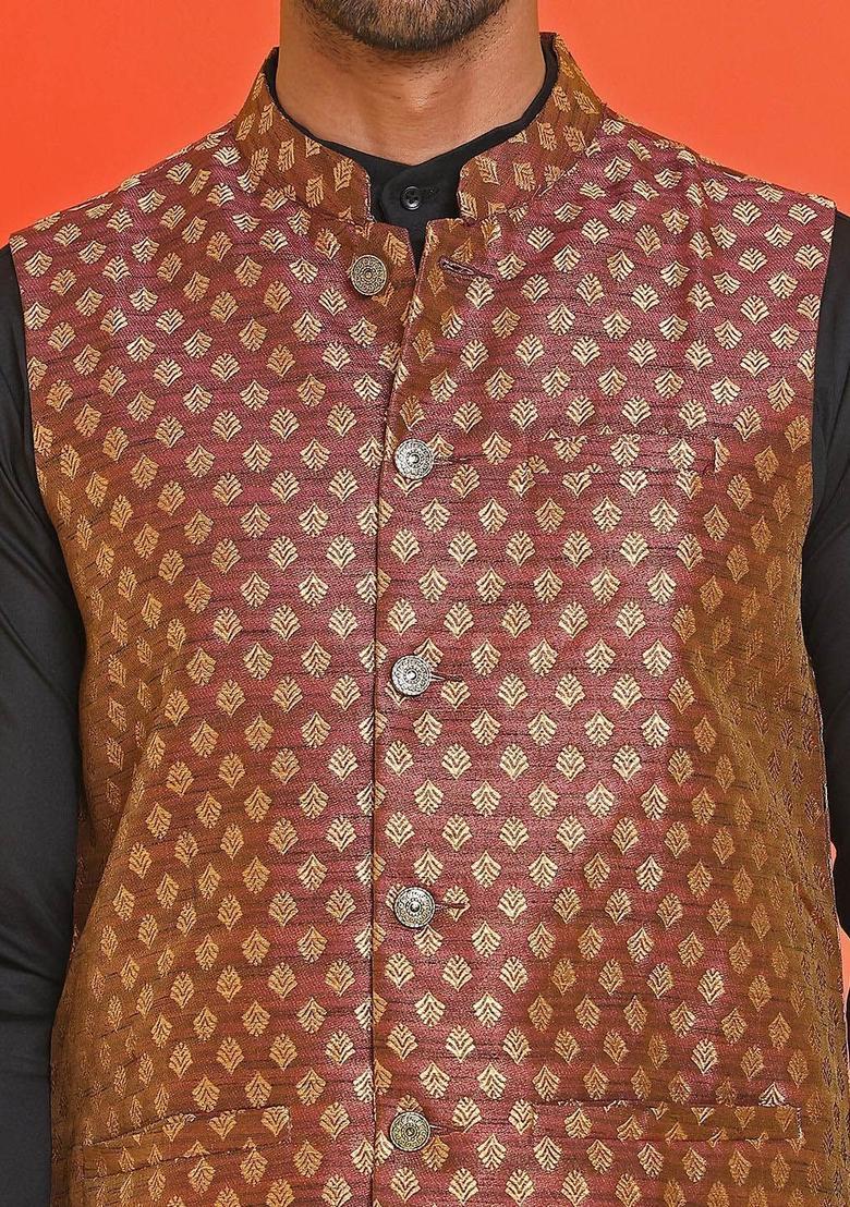 Maroon Woven Design Silk Kurta Set For Men - Indya