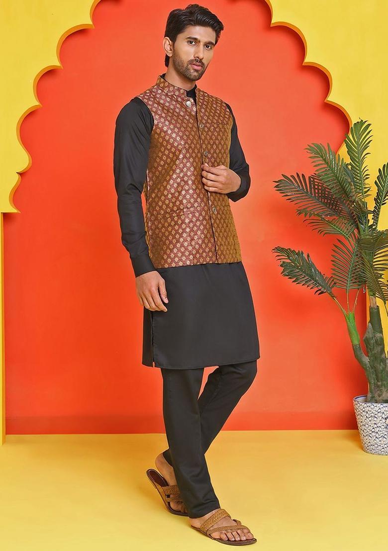 Maroon Woven Design Silk Kurta Set For Men - Indya