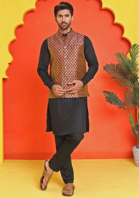 Maroon Woven Design Silk Kurta Set For Men