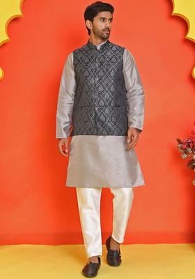 Black Woven Design Silk Kurta Set For Men
