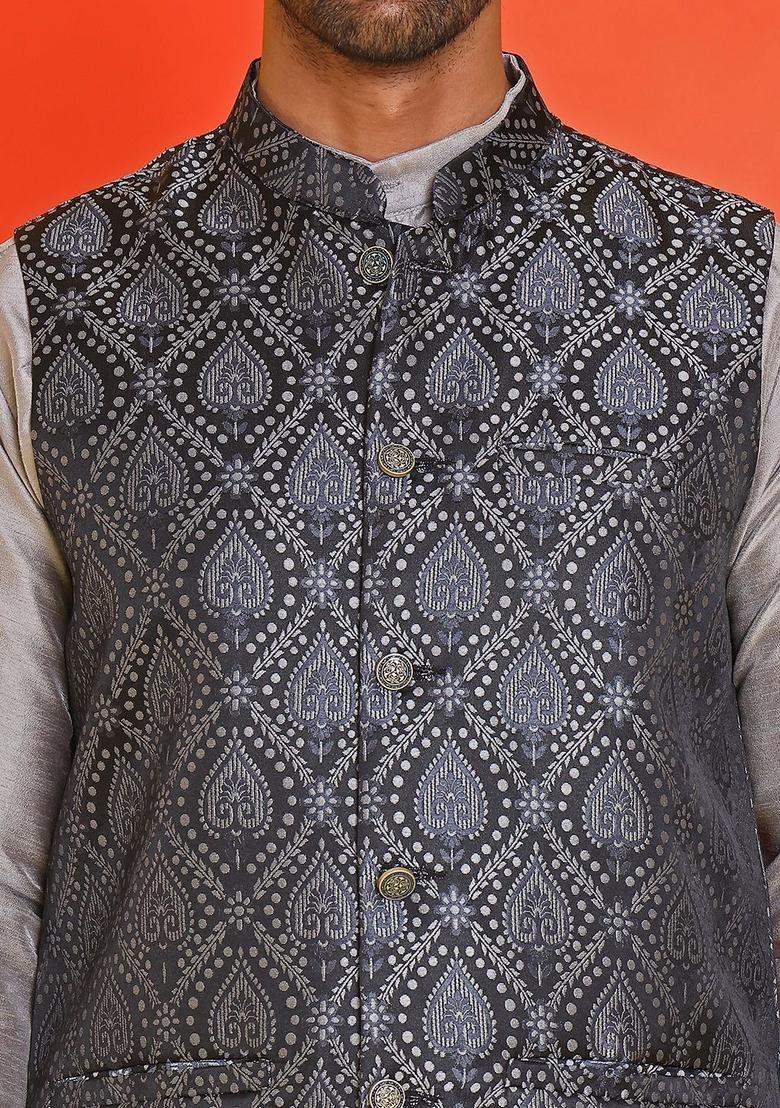 Black Woven Design Silk Kurta Set For Men - Indya