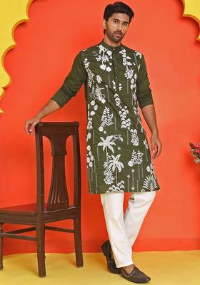 Olive Embroidered Silk Kurta Set For Men