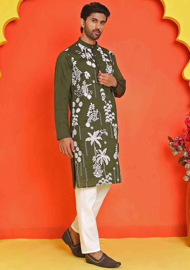 Olive Embroidered Silk Kurta Set For Men - Indya