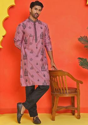Purple Embroidered Silk Kurta Set For Men
