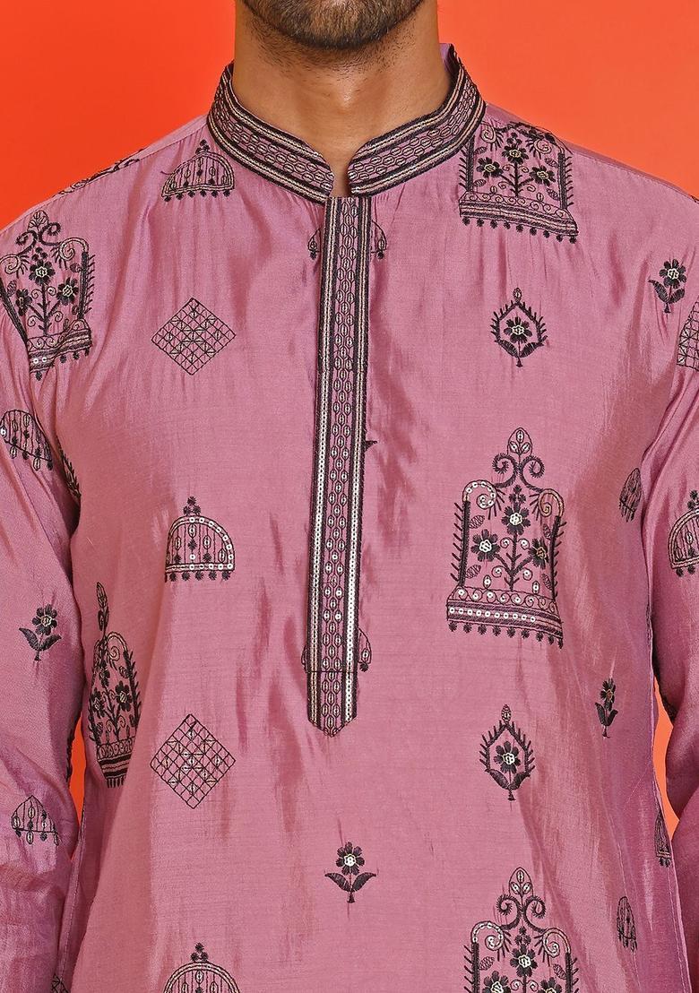 Purple Embroidered Silk Kurta Set For Men - Indya