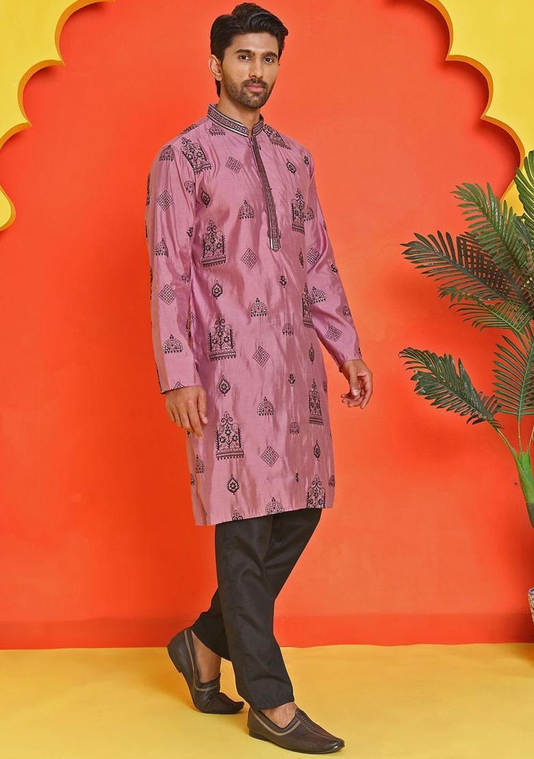 Purple Embroidered Silk Kurta Set For Men - Indya