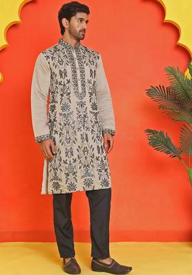Beige Embroidered Silk Kurta Set For Men