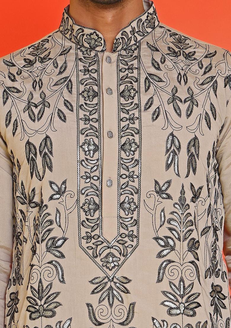 Beige Embroidered Silk Kurta Set For Men - Indya