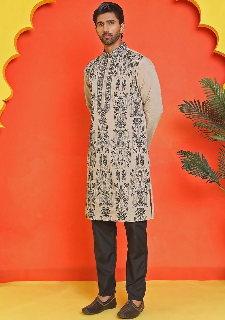 Beige Embroidered Silk Kurta Set For Men - Indya