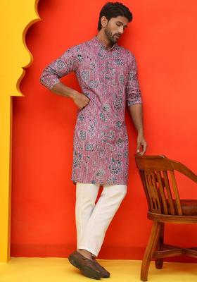 Purple Printed Silk Kurta Set For Men