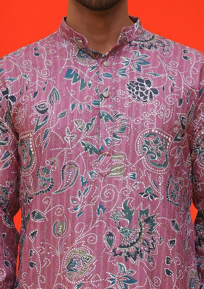 Purple Printed Silk Kurta Set For Men - Indya