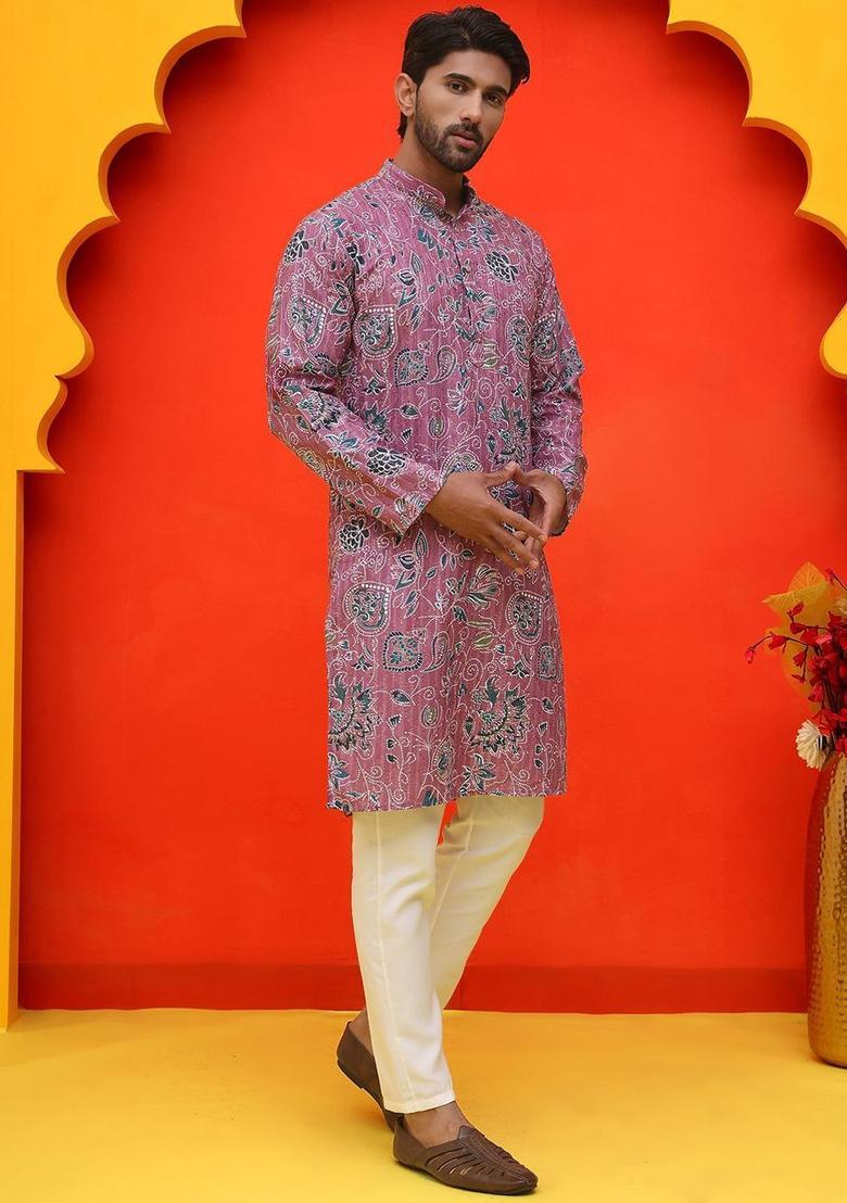 Purple Printed Silk Kurta Set For Men - Indya