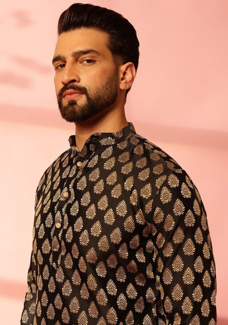 Black Woven Design Silk Kurta Set For Men - Indya