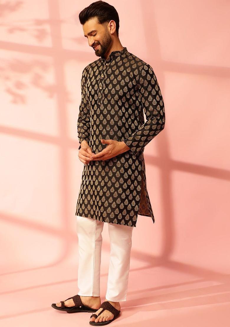 Black Woven Design Silk Kurta Set For Men - Indya