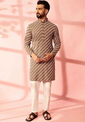 Brown Embroidered Cotton Kurta Set For Men