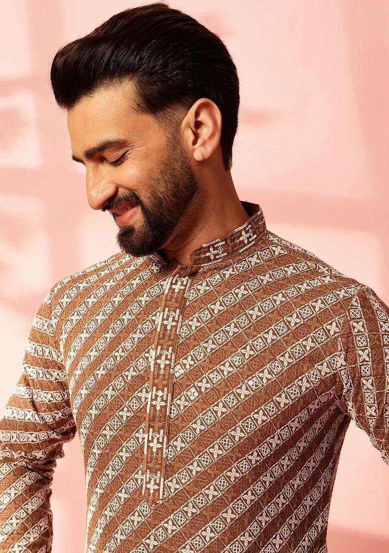 Brown Embroidered Cotton Kurta Set For Men - Indya