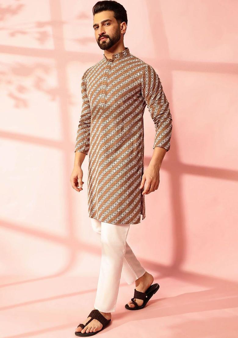 Brown Embroidered Cotton Kurta Set For Men - Indya