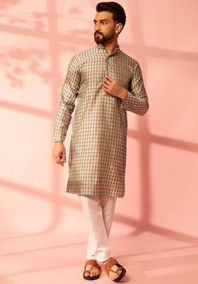 Brown Woven Design Silk Kurta Set For Men