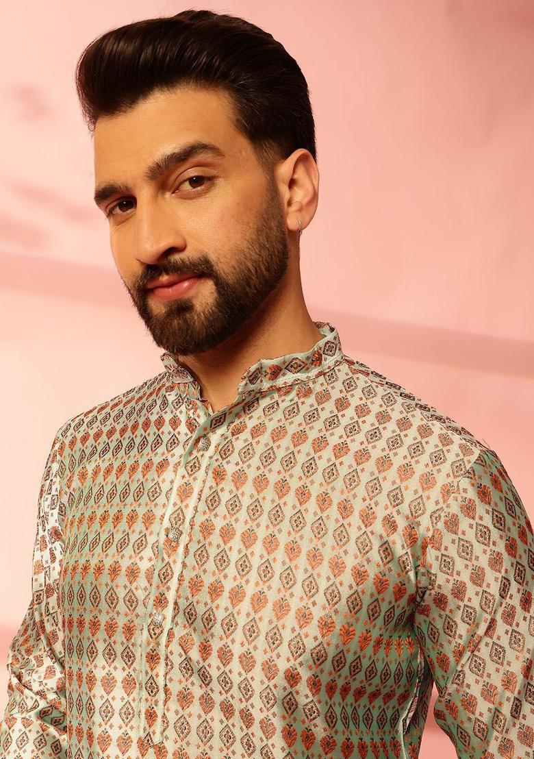 Brown Woven Design Silk Kurta Set For Men - Indya