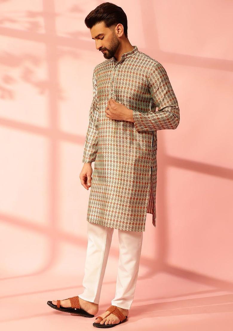 Brown Woven Design Silk Kurta Set For Men - Indya