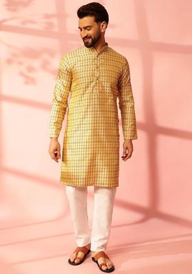 Beige Woven Design Silk Blend Kurta Set For Men