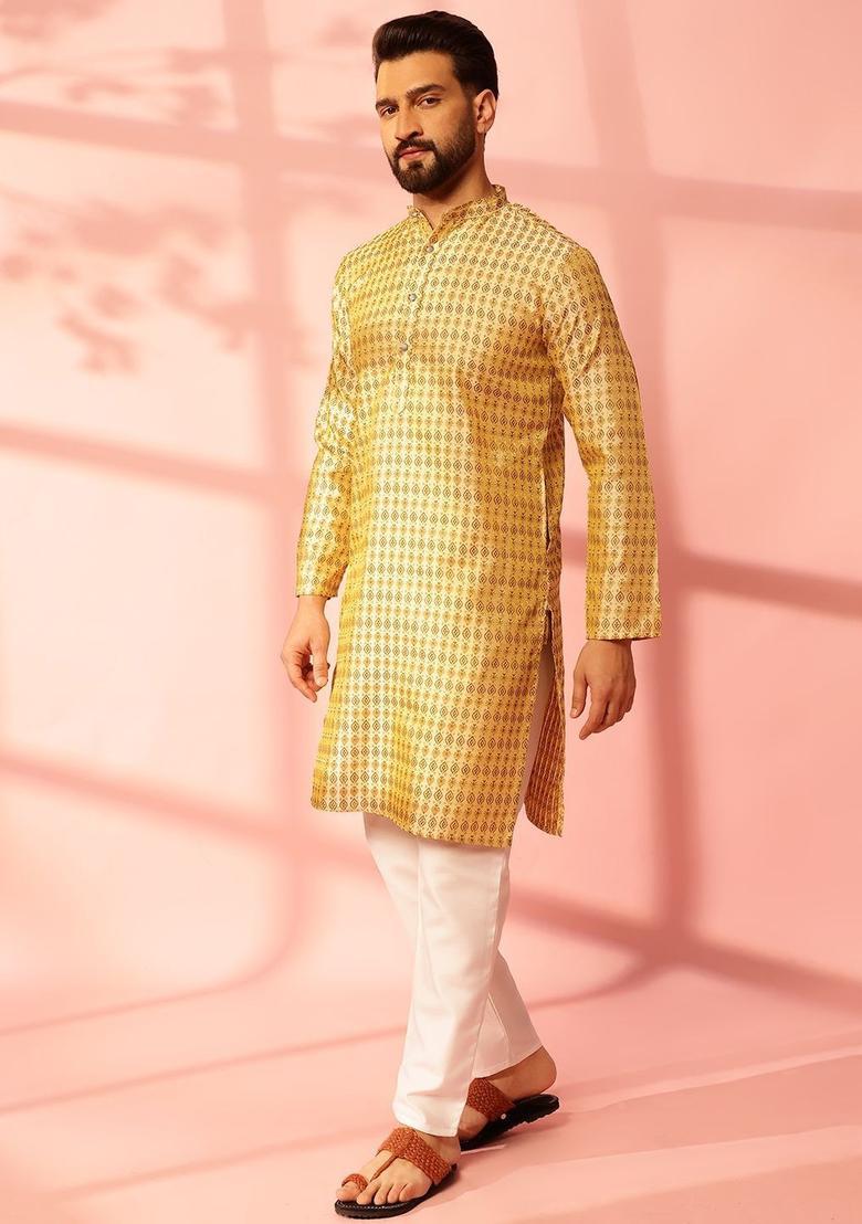 Beige Woven Design Silk Kurta Set For Men - Indya