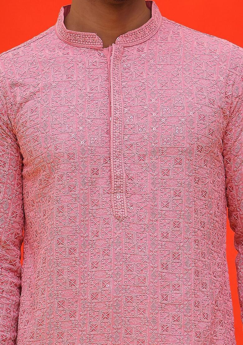Purple Embroidered Cotton Kurta Set For Men - Indya