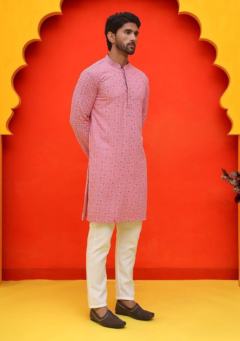 Purple Embroidered Cotton Kurta Set For Men - Indya